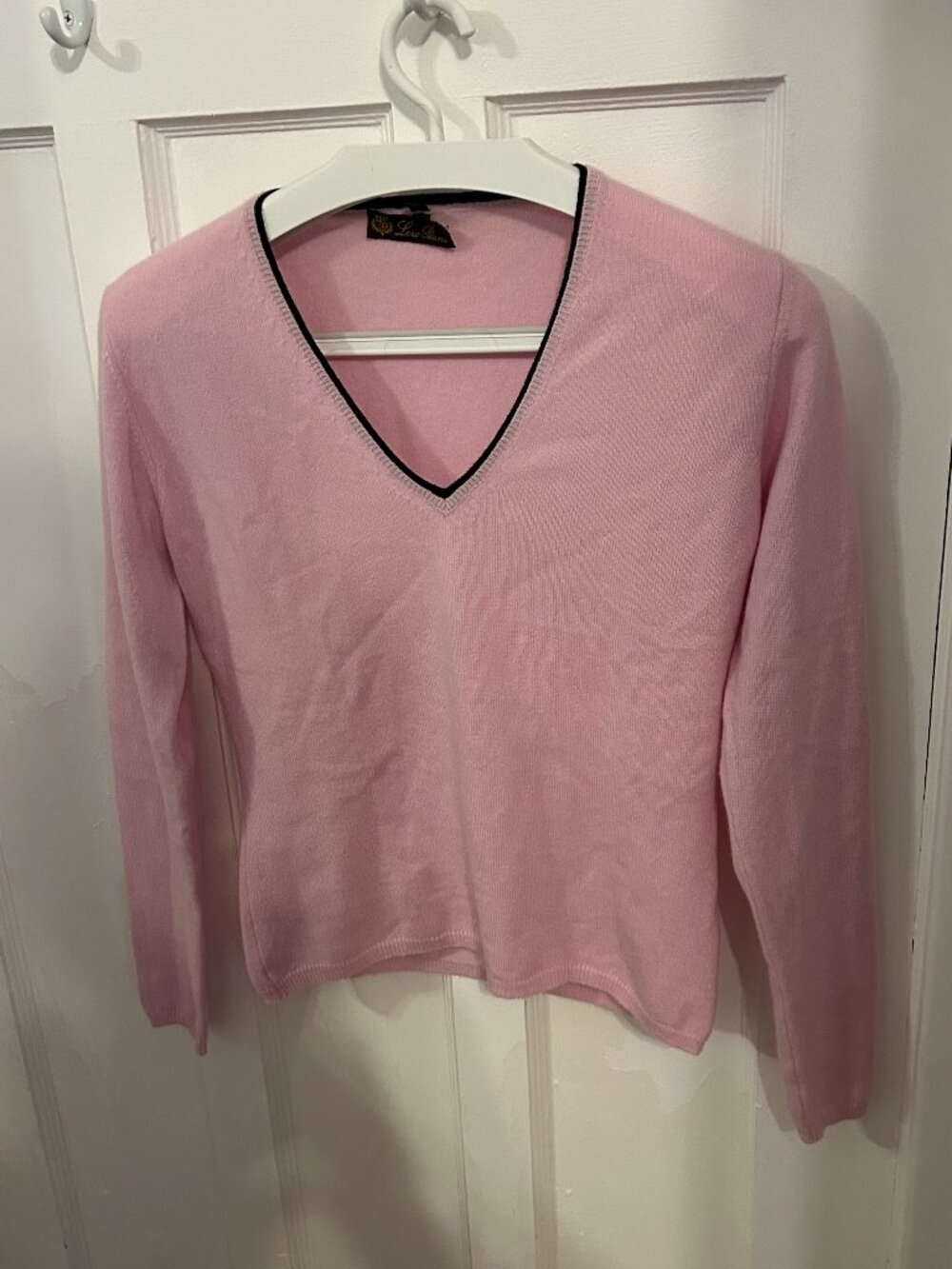 Loro Piana Cashmere V-Neck Sweater | Baby Pink with Black Trim | Size 42 | Good